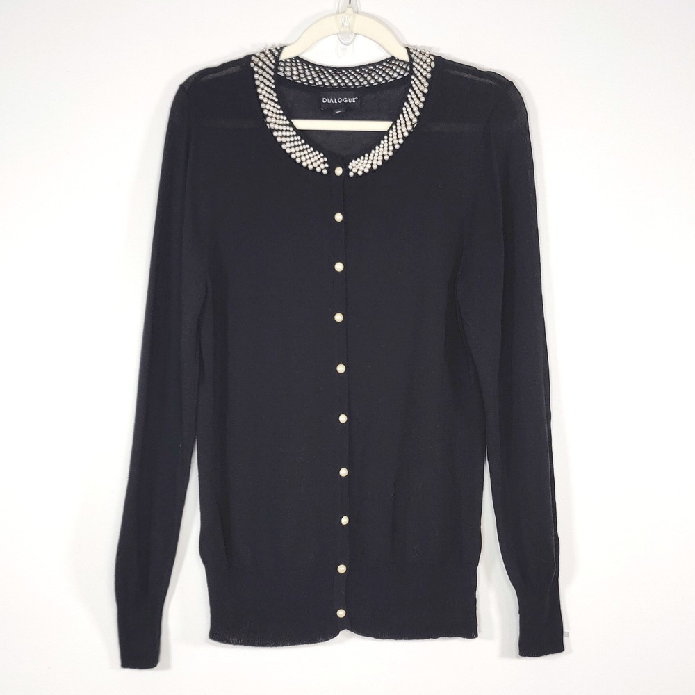 Dialogue Pearl Embellished Cardigan Cotton Blend Semi Sheer Black Medium